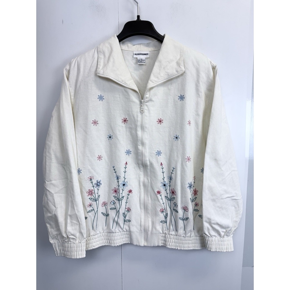 Vintage‎ Alfred Dunner Lightweight Jacket Size 20 Cream Embroidered Zip Up